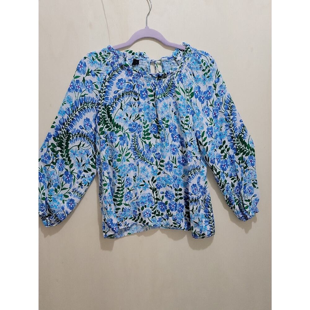 Talbots Blue and Green Floral Peasant Blouse, Womens M, Boho, Cottagecore
